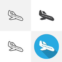 Plane landing icon. Line, glyph, flat and filled outline colorful version, Flying airplane outline and flat vector sign. Arrival symbol, logo illustration. Different style icons set