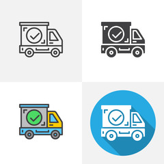 Shipping truck with check mark icon. Line, glyph, flat and filled outline colorful version, Delivery van outline and flat vector sign. Best seller symbol, logo illustration. Different style icons set