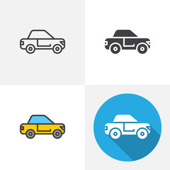 Fototapeta premium Car sedan icon. Line, glyph, flat and filled outline colorful version, Coupe car, vehicle outline and flat vector sign. Symbol, logo illustration. Different style icons set