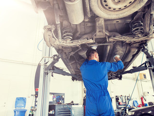 service, repair, maintenance and people concept - auto mechanic man or smith repairing car at...