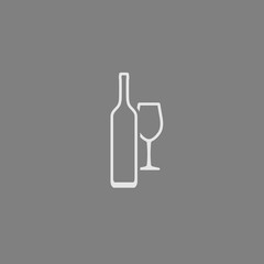 Wine bottle and wineglass white contour icon isolated on gray background