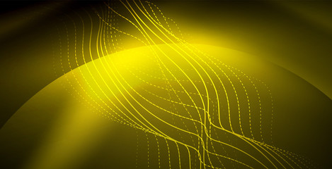 Glowing abstract wave on dark, shiny motion, magic space light. Techno abstract background