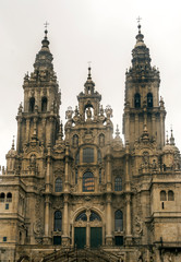 Fototapeta na wymiar Cathedral of Santiago de Compostela in the end of Way of Santiago in a raining day.
