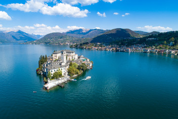 Aerial view of Lake Orta in northern Italy, island of San Giulio on a sunny day. - 265646510