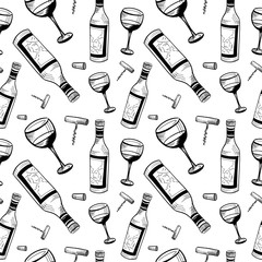 Wine background. Hand drawn wine bottles, corks, corkscrews and glasses. Black sketch on white backdrop. Seamless wallpaper pattern.	