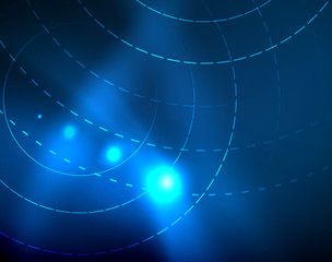 Blue neon circles, abstract circular lines. Glowing circle abstract pattern background