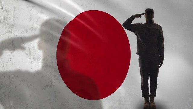 Japanese soldier silhouette saluting against national flag, brave sergeant