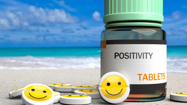 Positivity help positive feelings, happiness, good vibes and joy - symbolized by smiling pills on a sandy beach during summer holidays, 3d illustration
