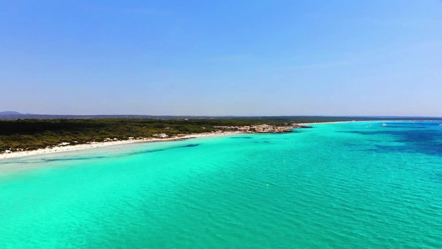 Aerial view, flight at Beach es Trenc, Place Ses Covetes, municipality of Rapita, Majorca, Balearic Islands, Spain