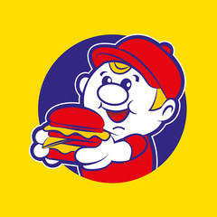 burger delivery boy mascot holding a big yummy burger - vector character illustration mascot