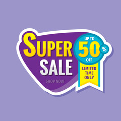 Super sale concept banner. Promotion poster. Discount up to 50% off creative sticker emblem. Special offer label. Limited time only. 