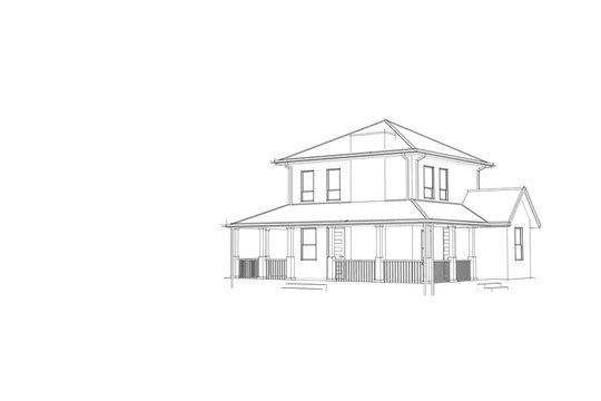 Progetto di architettura per la progettazione architettonica. Vista esterna in wireframe 3D. Design di Edificio. Villa, casa di prorpiet&agrave;.