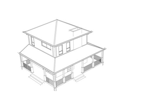 Progetto di architettura per la progettazione architettonica. Vista esterna in wireframe 3D. Design di Edificio. Villa, casa di prorpiet&agrave;.