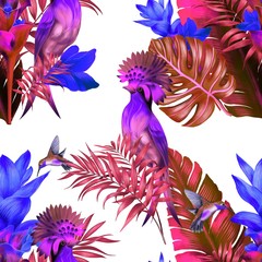 Botanical art digital painting flora birds hand drawing painting illustration  seamless pattern white background