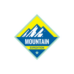 Adventure outdoors - concept badge. Mountain expedition climbing logo in flat style. Extreme exploration sticker symbol.  Camping & hiking creative vector illustration. Graphic design element.  