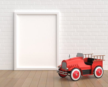 Frame Mockup With Baby Toy Vintage Fire Truck On The White Background
