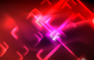 Neon square and line lights on dark background with blurred effects