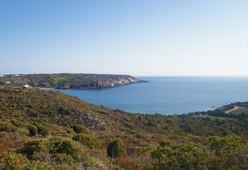 View of the blue azure sea lagoon gulf of the ocean. Summer heat nature on the southern island of the mountain rocks stones.