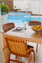 fruit table overlooking pool
