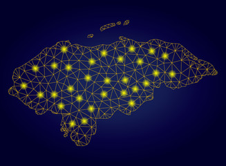 Yellow mesh vector Honduras map with glare effect on a dark blue gradiented background. Abstract lines, light spots and dots form Honduras map constellation.