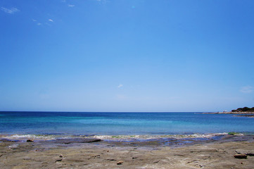 Blue sea landscape with sky on the horizon. Calm ocean waves summer tropics lagoon.