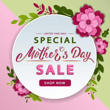 Mother's Day modern sale banner with lettering text and flowers. Trendy floral background layout. For banners, flyers, invitation, brochure, posters, voucher discount. Vector illustration template