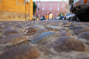 Stone bridge road close-up architecture of the old medieval european italian city.