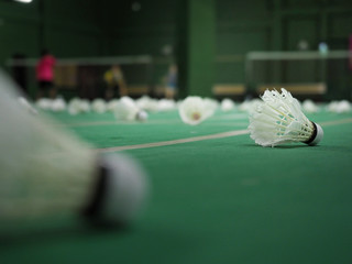 Closeup of badminton shuttlecock on the badmnton cort floor with blur people playing in the background. Selected focus.
