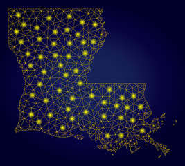 Yellow mesh vector Louisiana State map with glitter effect on a dark blue gradiented background. Abstract lines, light spots and points form Louisiana State map constellation.