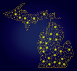 Yellow mesh vector Michigan State map with glare effect on a dark blue gradiented background. Abstract lines, light spots and spheric points form Michigan State map constellation.