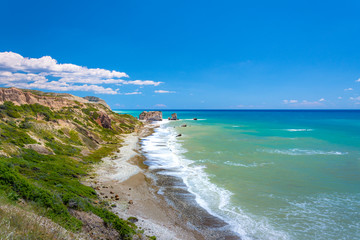 The famous beach of Aphrodite's rock or Venus rock, Petra tou Romiou, Cyprus