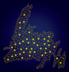 Yellow mesh vector Newfoundland Island map with glare effect on a dark blue gradiented background. Abstract lines, light spots and points form Newfoundland Island map constellation.