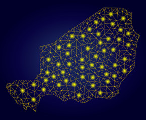 Yellow mesh vector Niger map with glitter effect on a dark blue gradiented background. Abstract lines, light spots and spheric points form Niger map constellation.