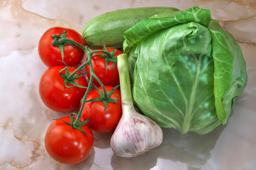 Still-life with tomatoes and other vegetables