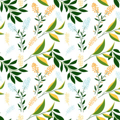 Summer seamless pattern with leaves and flowers on white background. Vector design. Floral background.