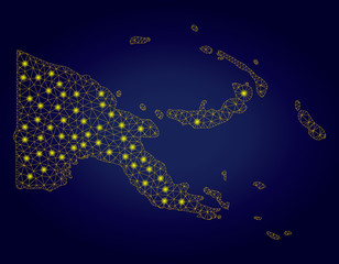 Yellow mesh vector Papua New Guinea map with glare effect on a dark blue gradiented background. Abstract lines, light spots and points form Papua New Guinea map constellation.