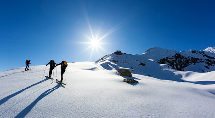Ski mountaineering (Skimo). A group of skialpers on italian Alps go up to the mountain top in a wilderness winter landscape.