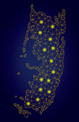 Yellow mesh vector Pemba island map with glare effect on a dark blue gradiented background. Abstract lines, light spots and spheric points form Pemba island map constellation.