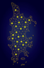 Yellow mesh vector Phuket map with glare effect on a dark blue gradiented background. Abstract lines, light spots and circle dots form Phuket map constellation.