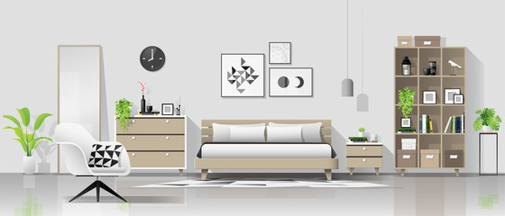 Interior background with modern cozy bedroom , vector , illustration
