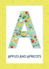 Colorful alphabet letter A. Phonics flashcard. Cute letter A for teaching reading with cartoon style apples and apricots