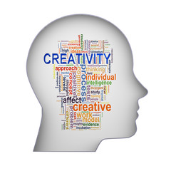 3d creativity word tags on human head
