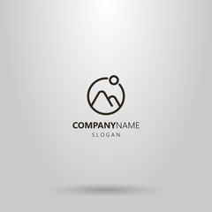 black and white simple vector geometric line art logo of two mountains and the sun in a round frame
