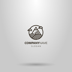 black and white simple vector geometric line art round logo of mountain with snow peak and clouds around