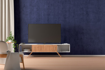 TV on the cabinet in modern living room on blue wall background