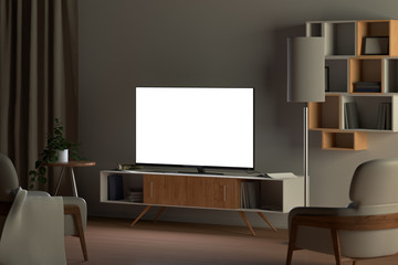 Tv mockup in living room at night. Tv screen, tv cabinet, chairs, bookshelf