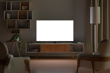 Tv mockup in living room at night. Tv screen, tv cabinet, chairs, bookshelf - obrazy, fototapety, plakaty