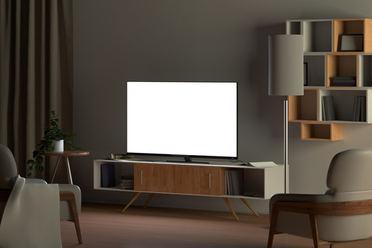 Tv Mockup In Living Room At Night. Tv Screen, Tv Cabinet, Chairs, Bookshelf