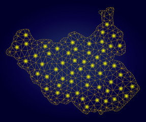 Yellow mesh vector South Sudan map with glare effect on a dark blue gradiented background. Abstract lines, light spots and circle dots form South Sudan map constellation.