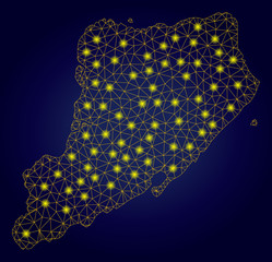 Yellow mesh vector Staten Island map with glare effect on a dark blue gradiented background. Abstract lines, light spots and circle dots form Staten Island map constellation.